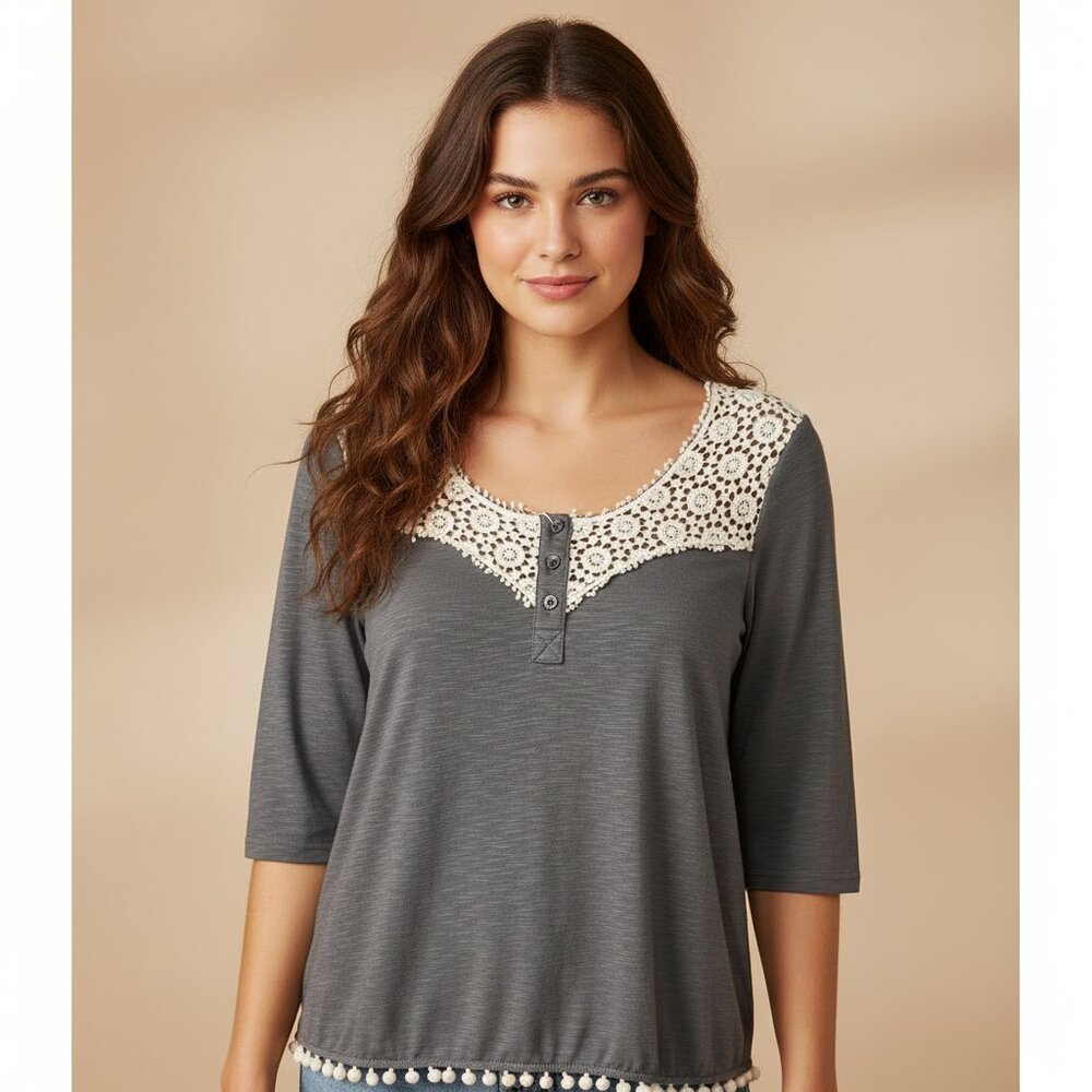 Umgee S Womens Gray Cream Lace Crochet Pom Pom Knit Top Boho Cottage Casual Chic